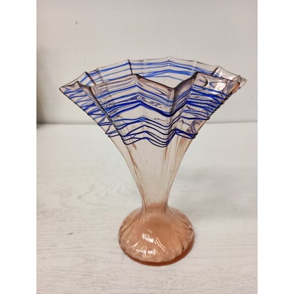 VTG Bohemian Hand Blown Art Glass Vase Pink Blue Flare Rim MCM Czechoslovakia - Picture 7 of 11